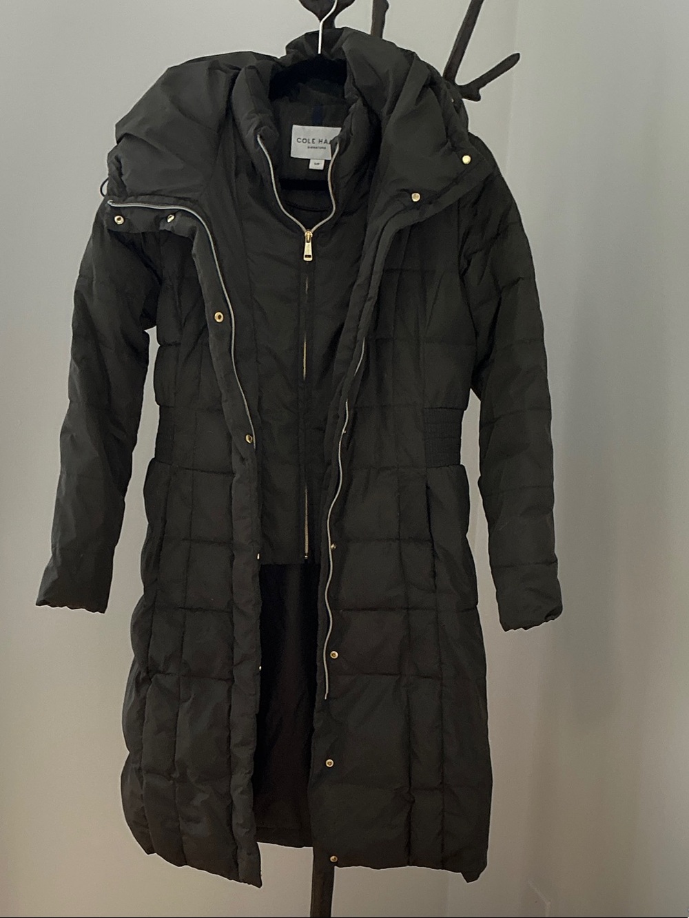 Cole Haan Gray Long Quilted Hooded Puffer Coat